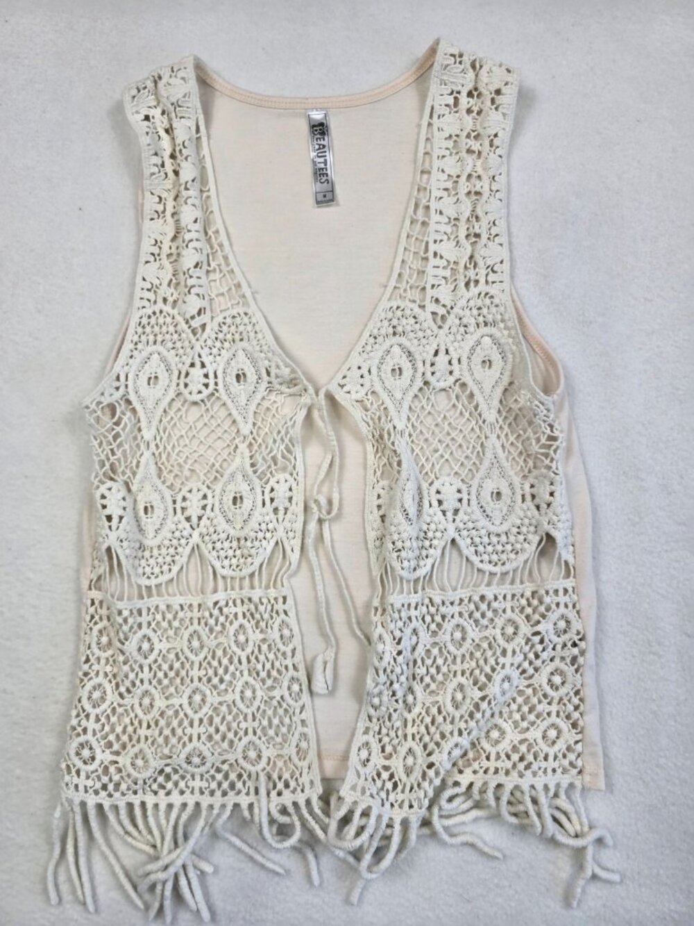 Beautees Crochet Fringe Boho Vest Sleeveless M Beige White Western